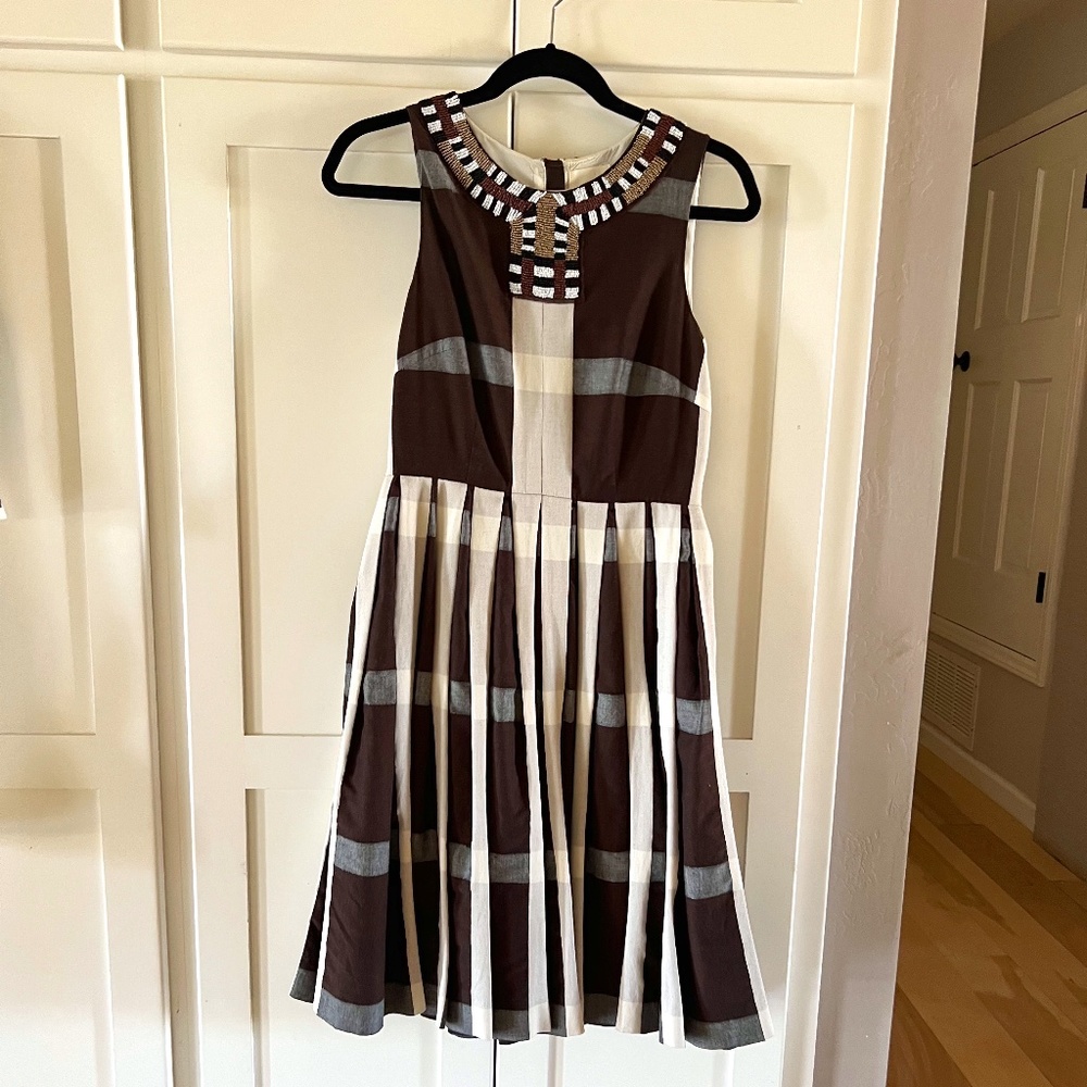Maeve Plaid Dress with Bead Neck Detailing, Size 4